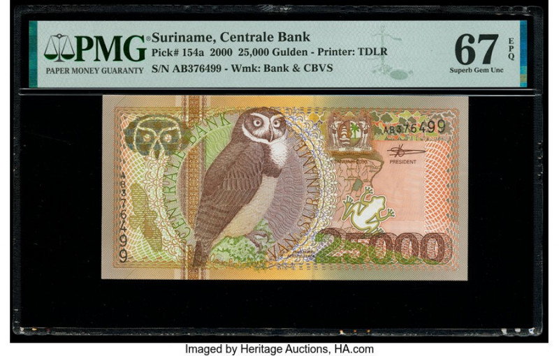 Suriname Centrale Bank 25,000 Gulden 2000 Pick 154a PMG Superb Gem Unc 67 EPQ. 
...