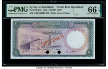 Syria Central Bank of Syria 100 Pounds 1974 / AH1394 Pick 98dcts Color Trial Specimen PMG Gem Uncirculated 66 EPQ. Red Specimen overprints with 2 punc...