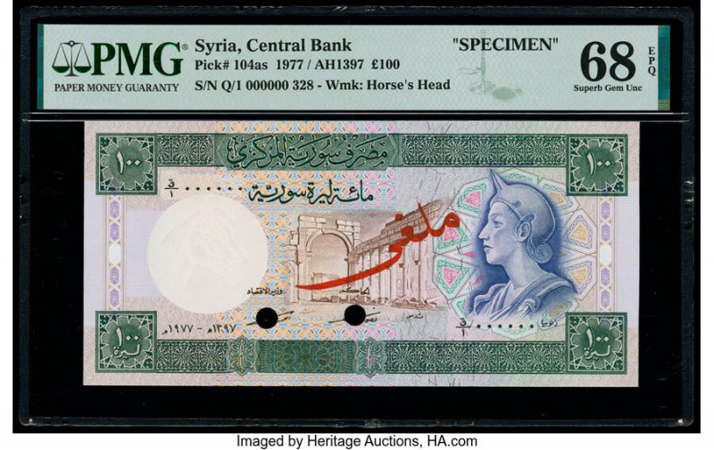 Syria Central Bank of Syria 100 Pounds 1977 / AH1397 Pick 104as Specimen PMG Sup...