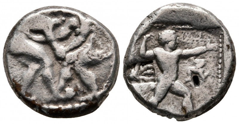 Stater AR
Pamphylia, Aspendos c. 380-325 BC, Two wrestlers grappling / Slinger ...