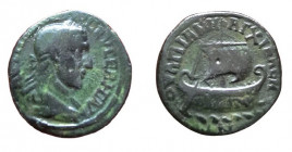 Bronze AE
Thrace, Anchialus, Maximinus Thrax (AD 235-238), Laureate and draped bust right / Galley under sail to right, dolphin ornament on bow; N be...