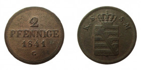 2 Pfennige
Saxonia, 1841 G
22 mm,2,85 g
Jaeger 80; AKS 110