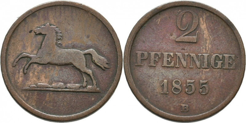 2 Pfennige
1855 B, Braunschweig und Lüneburg, Wilhelm (1831-1884)
23 mm, 4,70 ...