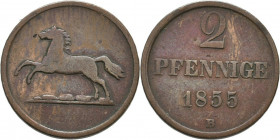 2 Pfennige
1855 B, Braunschweig und Lüneburg, Wilhelm (1831-1884)
23 mm, 4,70 g
AKS 89, J. 248