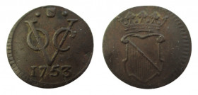 Half Duit
⅛ Stuiver, Crowned shield of Utrecht / Vereenigde Oostindische Compagnie (Dutch EastIndia Company 1602-1800) monogram VOC in center, 1755
...