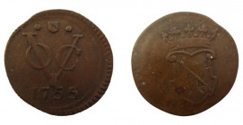 Half Duit
⅛ Stuiver, Crowned shield of Utrecht / Vereenigde Oostindische Compagnie (Dutch EastIndia Company 1602-1800) monogram VOC in center, 1753
...