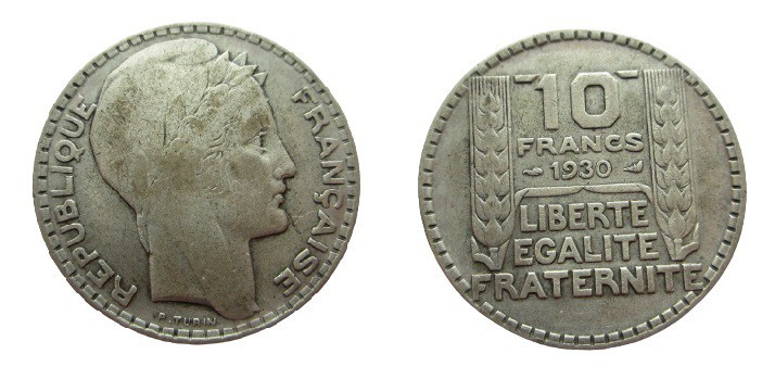 10 Francs AR
France, Liberte, Egalite, Fraternite, 1930