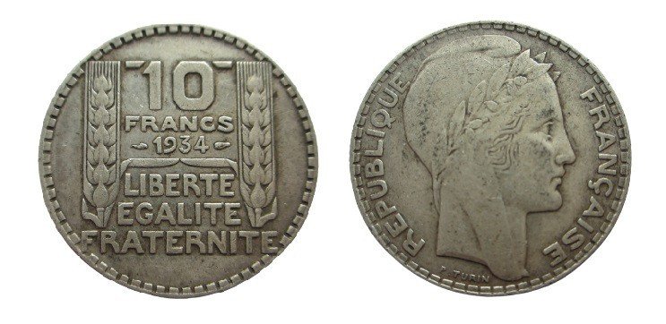 10 Francs AR
France, Liberte, Egalite, Fraternite, 1934