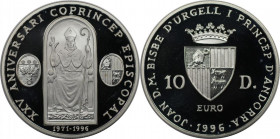 10 Diners AR
Andorra, 25th Anniversary of the Accession of Joan Martí i Alanis, Crowned national arms divides value, date below / Bishop of Andorra s...