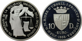 10 Dinners AR
Crowned arms above “EURO”, JOAN·D.M.BISBE.D'URGELL·I·PRINCEP·D' ANDORRA, 10 ·EURO··1998· / Crowned arms above “EURO”,JOAN·D.M.BISBE.D'U...