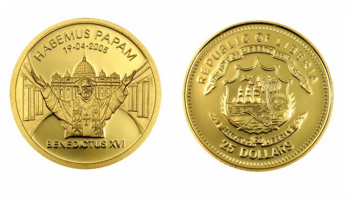 25 Dollars AV
Liberia, Habemus Papam, 1/25 Oz, Gold 999/1000, 2005
14 mm, 1,24...