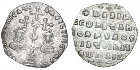 Byzantine Empire. Basil II Bulgaroktonos, with Constantine VIII. 976-1025. AR Miliaresion (21mm, 2.31g). Constantinople mint. ЄҺ TOVTω ҺICAT ЬASILЄI C...
