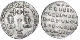 Byzantine Emipire. Basil II Bulgaroktonos, with Constantine VIII. 976-1025. AR Miliaresion (22mm, 2.47g). Constantinople mint. ЄҺ TOVTω ҺICAT ЬASILЄI ...