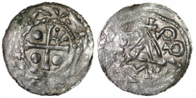 Czechia. Bohemia. Boleslav I. 929-967. AR Denar (21mm, 1.44g). Prague mint. Cross, pellets in three angles, crown in one angle / +PRA[__], temple, acr...