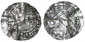 Czechia. Bohemia. Uncertain emitter. After 999. AR Denar (18mm, 0.60g). Hand of providence descending from clouds, I and V on each side / temple facad...