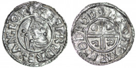 England. Aethelred II. 978-1016. AR Penny (20mm, 1.44g, 9h). Crux type (BMC iiia, Hild. C). Thetford mint; moneyer Leofwine. Struck circa 991-997. + Æ...