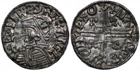 England. Aethelred II. 978-1016. AR Penny (18mm, 1.10g, 7h). Helmet type (BMC VIII, BEH E). Thetford mint; moneyer Manna. Struck 1003-1009. + EÐELRED ...
