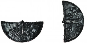 England. Aethelred II. 978-1016. AR Half Penny (10mm, 0.72g). Helmet type (BMC VIII, BEH E). Uncertain mint; moneyer uncertain. Struck 1003-1009. +E[Ð...