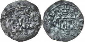 Germany. Cologne. Archbichop Pilgrim with Conrad II 1024-1036. AR Denar (18mm, 1.34g). Cologne mint. +CHV[ONRADVS I]MP, cross PI LI / GR IM in angels ...