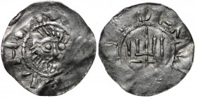Germany. Saxony. Bernard II 1011-1059. AR Denar (19mm, 0.78g). Jever mint. Bearded head facing /Church flag. Dbg. 593. Fine, usual flat spots.