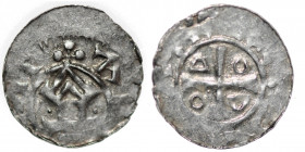 Germany. Duchy of Saxony. Otto III 983-1002. AR Obol (13.5mm, 0.50g). Goslar mint [+DIGRA+REX], short cross, in angels O D D O / +A[TEAHLHT], church f...