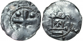 Germany. Mainz. Otto III 983-1002. AR Denar (17mm, 0.68g). Mainz mint. Cross with pellets in each angle / Church façade, cross in center. Dbg. 778. Fi...