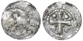 Germany. Mainz. Heinrich II 1002-1024. AR Denar (18mm, 1.43g). [__]MIO[__], bust facing / [__]EO[__], cross with pellets in each angle. Dbg. 802 var.;...