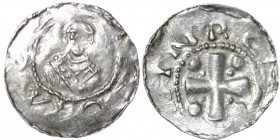 Germany. Mainz. Heinrich II 1002-1024. AR Denar (19mm, 1.50g). [__]OM[__], bust facing / [__]HNRC[__], cross with pellets in each angle. Dbg. 802 var....