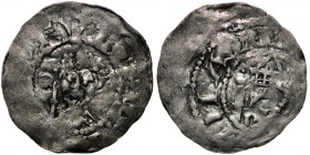 Germany. Mainz. Anonymous Ca 1060. AR Denar (20mm, 0.63g). Bust facing holding crosier right /[__]NA[__], two domed building with cross in center. Dbg...