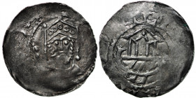 Germany. Diocese of Speyer. Heinrich III 1039-1056. AR Denar (20mm, 1.16g). Crowned head facing / Ship with three oars, on it a cabin with three windo...