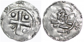 Germany. Duchy of Saxony. Worms. Otto III 983-1002. AR Denar (17mm, 1.29g). [__]OT[__], cross in angels 3 pellets and a crosier / [__]+A[__], church f...