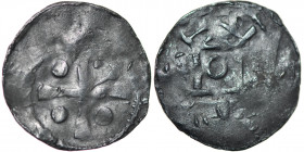 Germany. Saxony. Worms. Otto III 983-1002 or Heinrich II 1002-1024. AR Denar (17mm, 1.12g). Cross in angels 3 pellets and a crosier / Church facade, a...