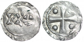 The Netherlands. Deventer. Heinrich II 1002-1014. AR Denar (16mm, 0.78g). Deventer mint. REX / Cross with pellets in each angle. Ilisch 1.5. Very Fine...