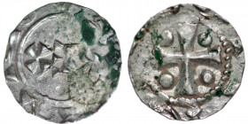 The Netherlands. Deventer. Heinrich II 1002-1014. AR Denar (16mm, 1.01g). Deventer mint. REX (retrograde) / Cross with pellets in each angle. Dbg. 91b...