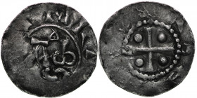 The Netherlands. Deventer. Heinrich II 1002-1014. AR Denar (16.5mm, 1.02g). Deventer mint. [HENRICVS], A and ⥿ above triangle below လ / Cross with pel...