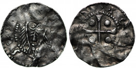 The Netherlands. Deventer. Konrad II 1027-1039. AR Denar (19mm, 1.18g). Deventer mint. [__]T[__]S[__], bearded head facing / +C[___], cross with pelle...