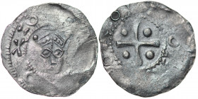 The Netherlands. Tiel. Konrad II 1024-1039. AR Denar (19mm, 1.32g). +:O[____]O, crowned head facing / [__]OAO[__]O, cross with a pellet in each angle....