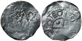 The Netherlands. Tiel. Konrad II 1024-1039. AR Denar (18.5mm, 1.29g). [___]SCV, crowned head facing / [__]OIOEOAO[__], cross with a pellet in each ang...