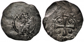The Netherlands. Tiel. Heinrich IV 1056-1106. AR Denar (20mm, 1.29g). Tiel mint. [__]NRIC[__], crowned head facing / +T[___], cross with a pellet in e...