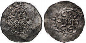 The Netherlands. Groningen. Bishop of Utrecht. Bernold 1040-1054 AR Denar (17mm, 0.74g). Groningen mint. Bust facing, crosier over right shoulder, thr...