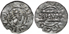 The Netherlands. Friesland. Bruno III 1050-1057. AR Denar (16mm, 0.42g). Dokkum or Groningen mint. HENRICVSRE+, crowned head right, crosier before / D...