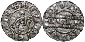 The Netherlands. Friesland. Bruno III 1050-1057. AR Denar (16.5mm, 0.66g). Bolsward mint. HENRICVS RE+, crowned head right, cross-tipped scepter befor...