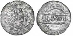 The Netherlands. Friesland. Bruno III 1038-1057. AR Denar (16mm, 0.54g). Dokkum mint. [+HENRICVS RE], crowned head right, cross-tipped scepter before ...