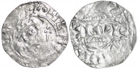 The Netherlands. Friesland. Bruno III 1038-1057. AR Denar (16mm, 0.49g). Uncertain mint. Crowned head right, cross-tipped scepter before / BIVR, withi...