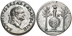 (80 d.C.). Vespasiano. Roma. Denario. (Spink 2568) (S. 149) (RIC. 359 de Tito). 3,47 g. Acuñada bajo Tito. Muy bella. Ex Colección Steinberg, NAC 16/1...