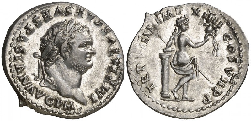 (79 d.C.). Tito. Roma. Denario. (Spink 2507) (S. 268) (RIC. 34). 3,53 g. Muy bel...