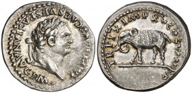 (80 d.C.). Tito. Roma. Denario. (Spink 2512) (S. 303) (RIC. 115). 3,52 g. Bella. Ex Tritón I 03/12/1997, nº 1382. EBC/EBC+.