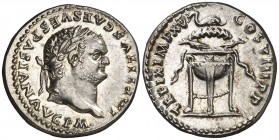 (80 d.C.). Tito. Roma. Denario. (Spink 2518 var) (S. 321) (RIC. 128). 3,53 g. Bella. EBC.