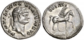 (76 d.C.). Domiciano. Roma. Denario. (Spink 2637) (S. 47) (RIC. 921 de Vespasiano). 3,21 g. Atractiva. Acuñada bajo Vespasiano. EBC-.