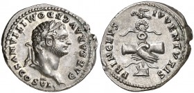 (79 d.C.). Domiciano. Roma. Denario. (Spink 2643) (S. 393) (RIC. 1081 de Vespasiano). 3,54 g. Acuñada bajo Vespasiano. Bella. EBC.